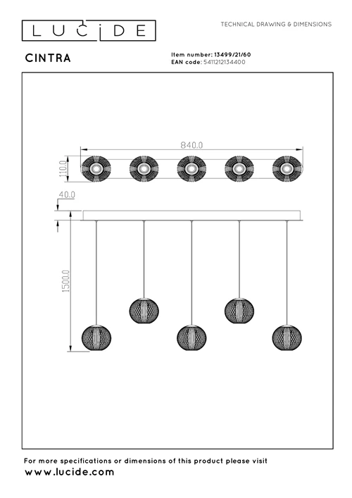Lucide CINTRA - Suspension - LED Dim. - 5x4,7W 2700K - Transparent - technique